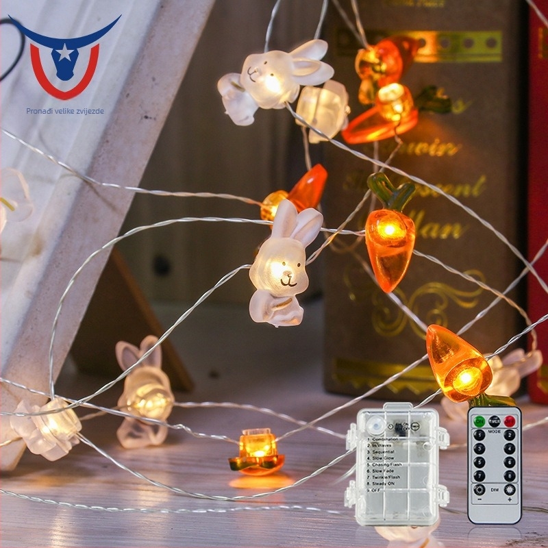 Uskrsna lančić svjetla sa zecom i mrkvom, duljina 3 m, 40 LED, IP44, daljinsko upravljanje i pretinac za baterije, topla svjetlost 2300K