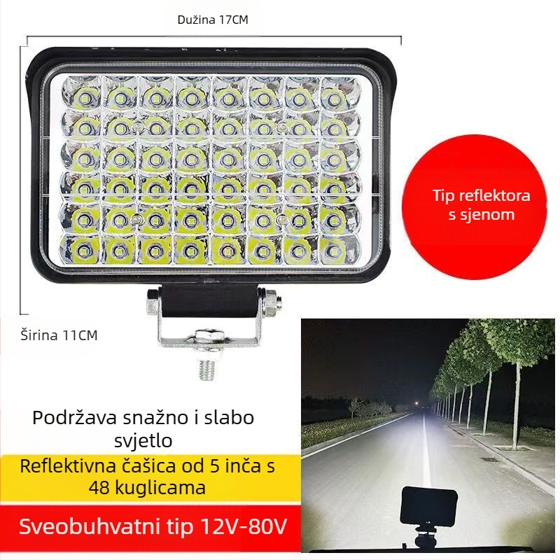 Višestruki LED spot za vozila – 144W, 12–80V, IP67, avionski aluminij, trajanje 30000h