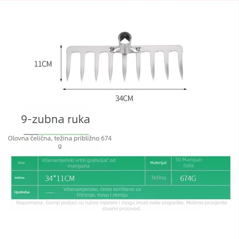 Čelične grablje s deset zuba — višenamjenski alat za olabavljenje tla