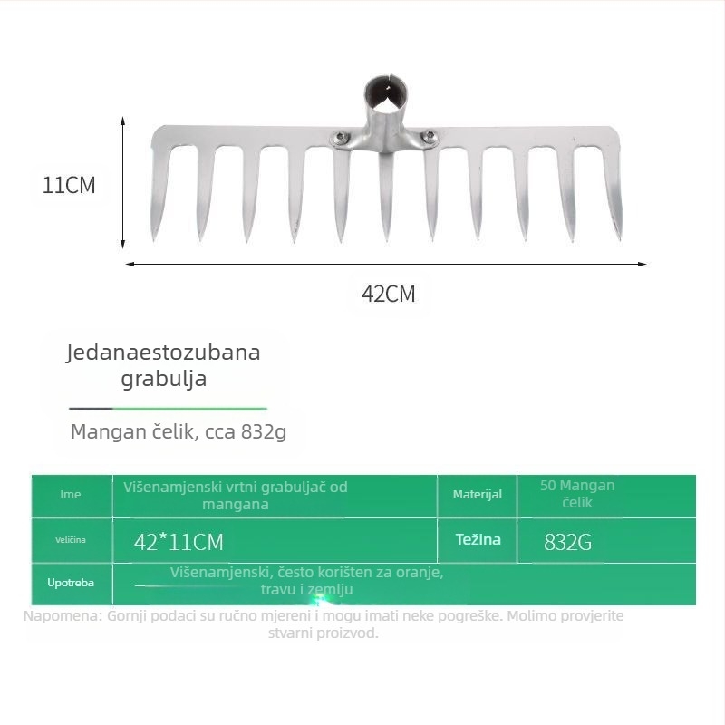 Čelične grablje s deset zuba — višenamjenski alat za olabavljenje tla