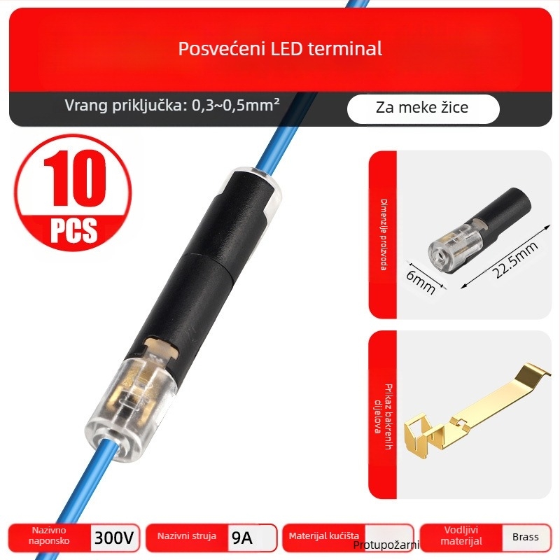 Beef time LED D2 brzi konektor – 1-pin terminal za kabel-kabel, izravno plug-in spajanje, izolacijski materijal: visoka čistoća fosfornog bakra, opseg vodiča 0,35–0,75 mm, za LED rasvjetu