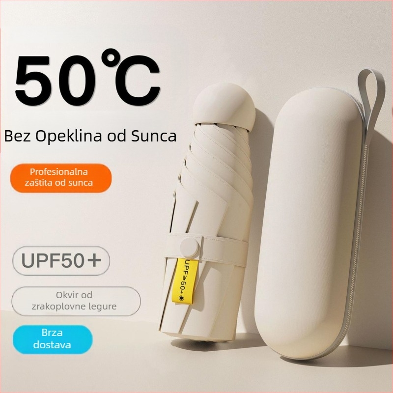 Mini kompaktni prijenosni sklopivi kišobran za sunce, crne boje, UV zaštita UPF 50+, lagan ženski kišobran za sunce i kišu