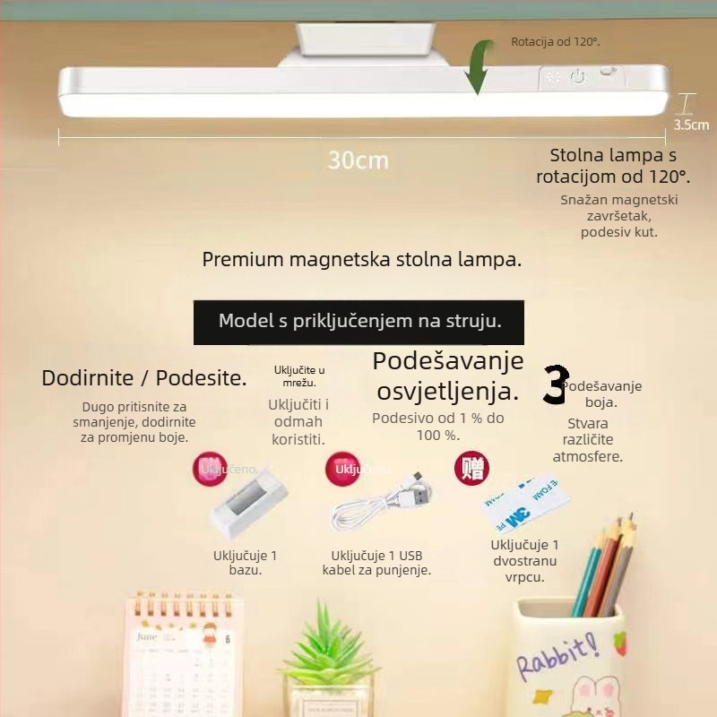 LED stolna lampica s magnetskim držačem, zaštita očiju, dodirni prekidač, podešavanje jačine, ugrađena litijska baterija