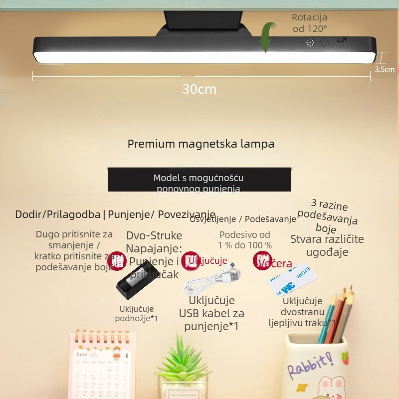LED stolna lampica s magnetskim držačem, zaštita očiju, dodirni prekidač, podešavanje jačine, ugrađena litijska baterija