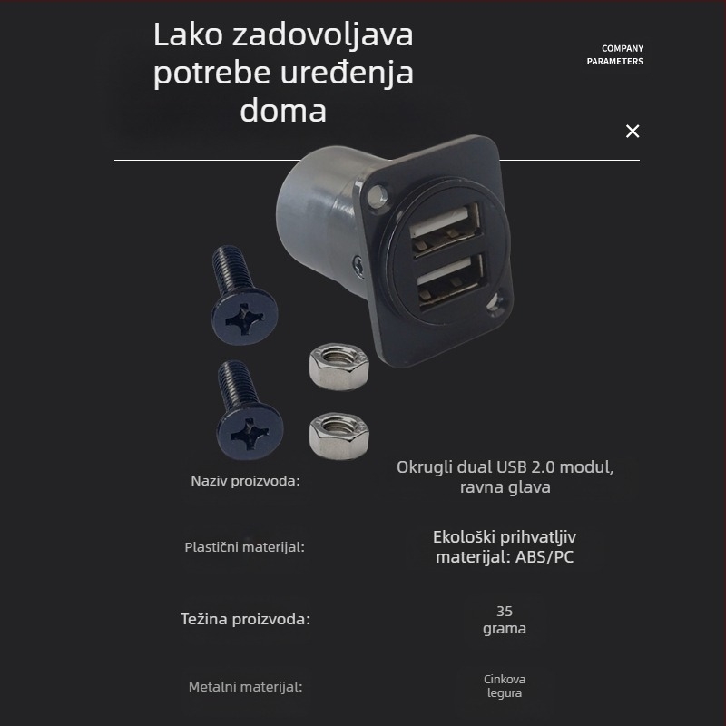 D-tipa USB 2.0 modul za prijenos podataka, kutni konektor s vijcima i dvostruka utičnica