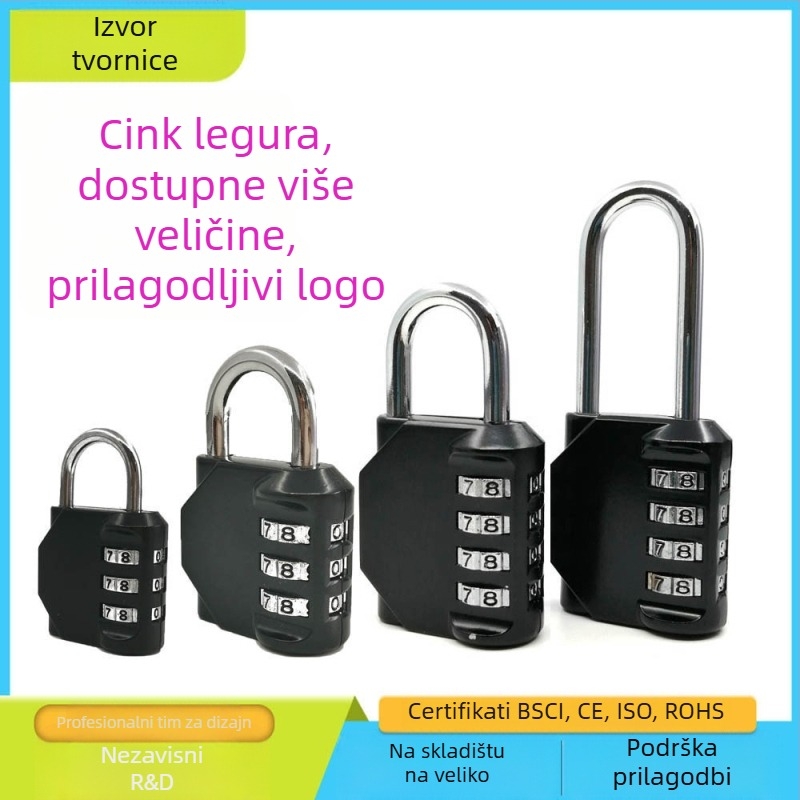 CH-604 cinkovog legura, 4‑digitni mehanički kombinacijski brava za ormariće i prtljagu — debljina zaključnog šipke 6 mm, razmak 20×24 mm