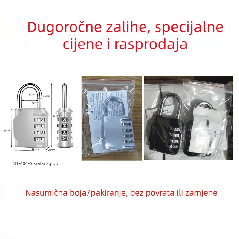 CH-604 cinkovog legura, 4‑digitni mehanički kombinacijski brava za ormariće i prtljagu — debljina zaključnog šipke 6 mm, razmak 20×24 mm