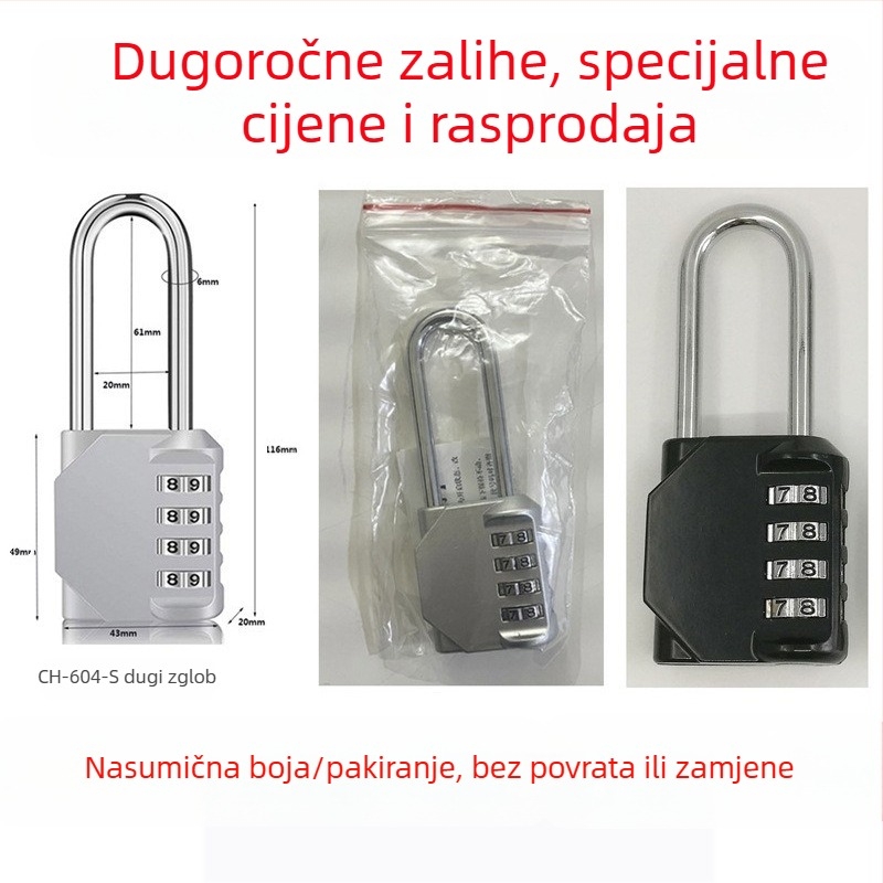 CH-604 cinkovog legura, 4‑digitni mehanički kombinacijski brava za ormariće i prtljagu — debljina zaključnog šipke 6 mm, razmak 20×24 mm