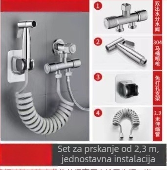 Set bidea za WC od 304 nehrđajućeg čelika, bez bušenja, pod tlakom, ugrađen u zid, 1 ulaz 2 izlaza, kutni ventil — model Stainless Steel Toilet Mate