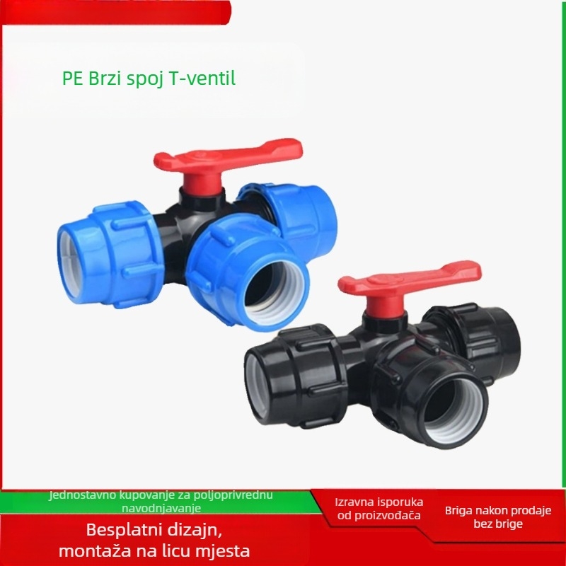 Poljoprivredni brzospojeni trostrani ventil za PE cijevi, plastični cijevni priključci i dodaci