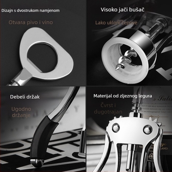 Otvarač boce crvenog vina, cinkovog legura, višenamjenski i prijenosni, s otisnutim logom i mogućnostima prilagodbe