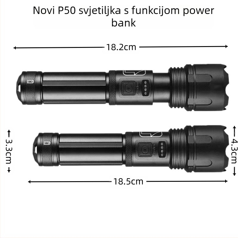 Lanterna s teleskopskim zumom, tijelo od aluminijske legure, USB punjenje, LED 10W, domet 200–500 m za vanjsku upotrebu
