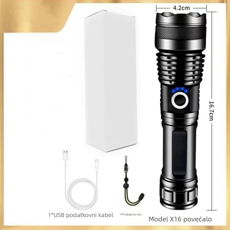 Lanterna s teleskopskim zumom, tijelo od aluminijske legure, USB punjenje, LED 10W, domet 200–500 m za vanjsku upotrebu