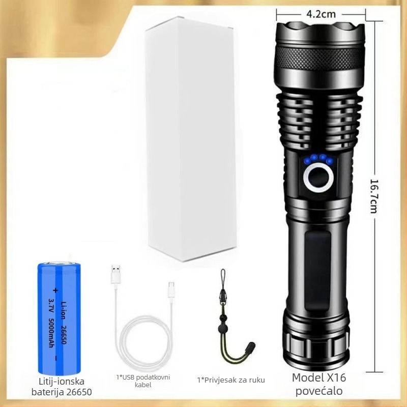 Lanterna s teleskopskim zumom, tijelo od aluminijske legure, USB punjenje, LED 10W, domet 200–500 m za vanjsku upotrebu