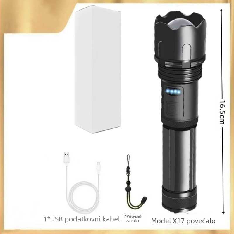 Lanterna s teleskopskim zumom, tijelo od aluminijske legure, USB punjenje, LED 10W, domet 200–500 m za vanjsku upotrebu