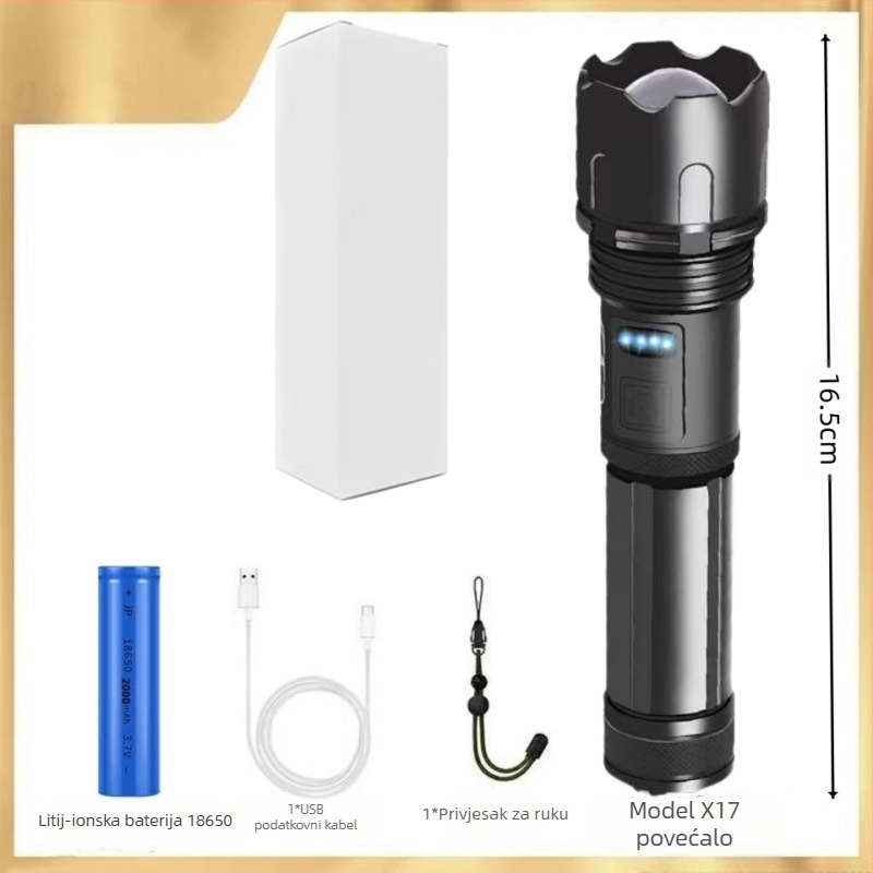 Lanterna s teleskopskim zumom, tijelo od aluminijske legure, USB punjenje, LED 10W, domet 200–500 m za vanjsku upotrebu