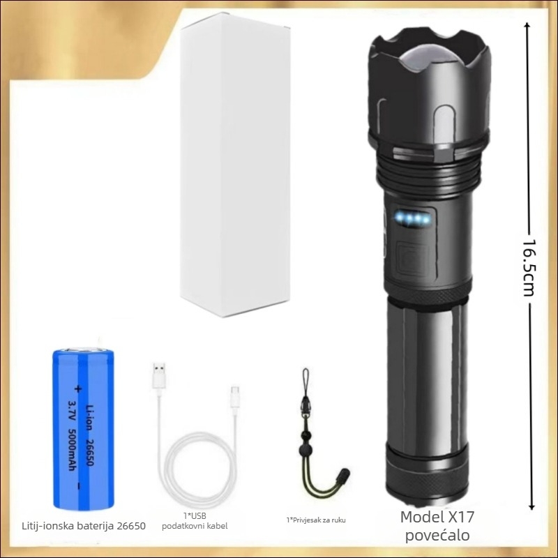 Lanterna s teleskopskim zumom, tijelo od aluminijske legure, USB punjenje, LED 10W, domet 200–500 m za vanjsku upotrebu