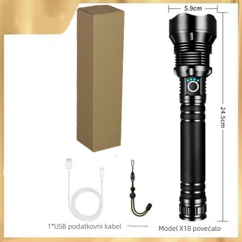 Lanterna s teleskopskim zumom, tijelo od aluminijske legure, USB punjenje, LED 10W, domet 200–500 m za vanjsku upotrebu