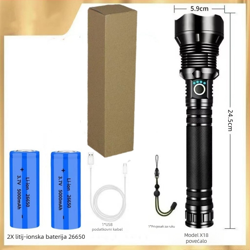 Lanterna s teleskopskim zumom, tijelo od aluminijske legure, USB punjenje, LED 10W, domet 200–500 m za vanjsku upotrebu