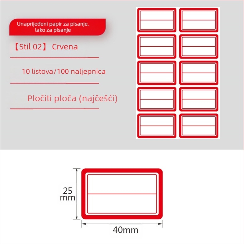 Samoljepljive ručno pisane etikete na rolni, papir za pisanje, prilagodljivo, 10 etiketa po stranici