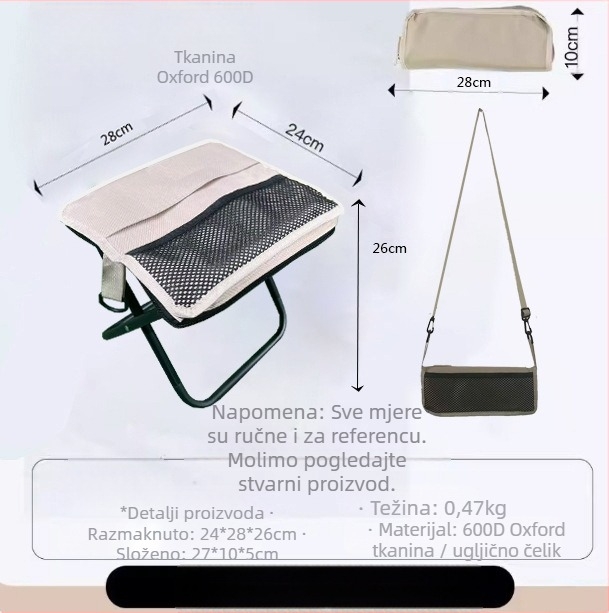 Sklopivi stolac - karbonsko čelični okvir, dimenzije 28×23×26 cm, marka Foreign man, prenosno za kampiranje i ribolov.