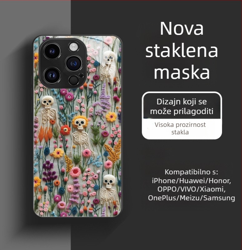 Staklena torbica s lubanjom za iPhone 17/16/15 Pro Max iPhone 14 – Halloween dizajn, precizni otvori