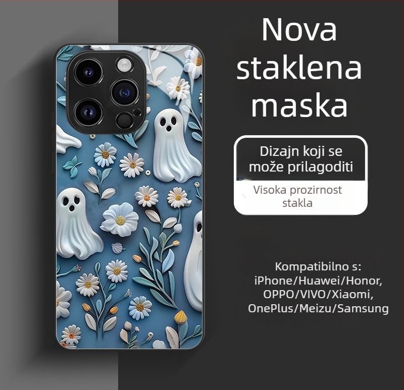 Staklena torbica s lubanjom za iPhone 17/16/15 Pro Max iPhone 14 – Halloween dizajn, precizni otvori
