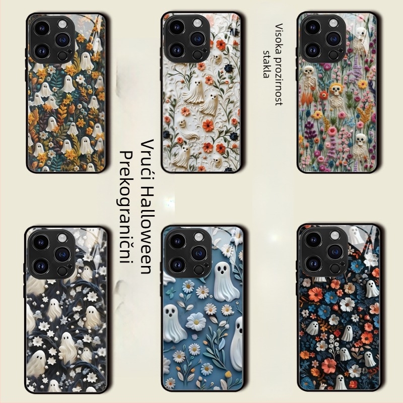Staklena torbica s lubanjom za iPhone 17/16/15 Pro Max iPhone 14 – Halloween dizajn, precizni otvori