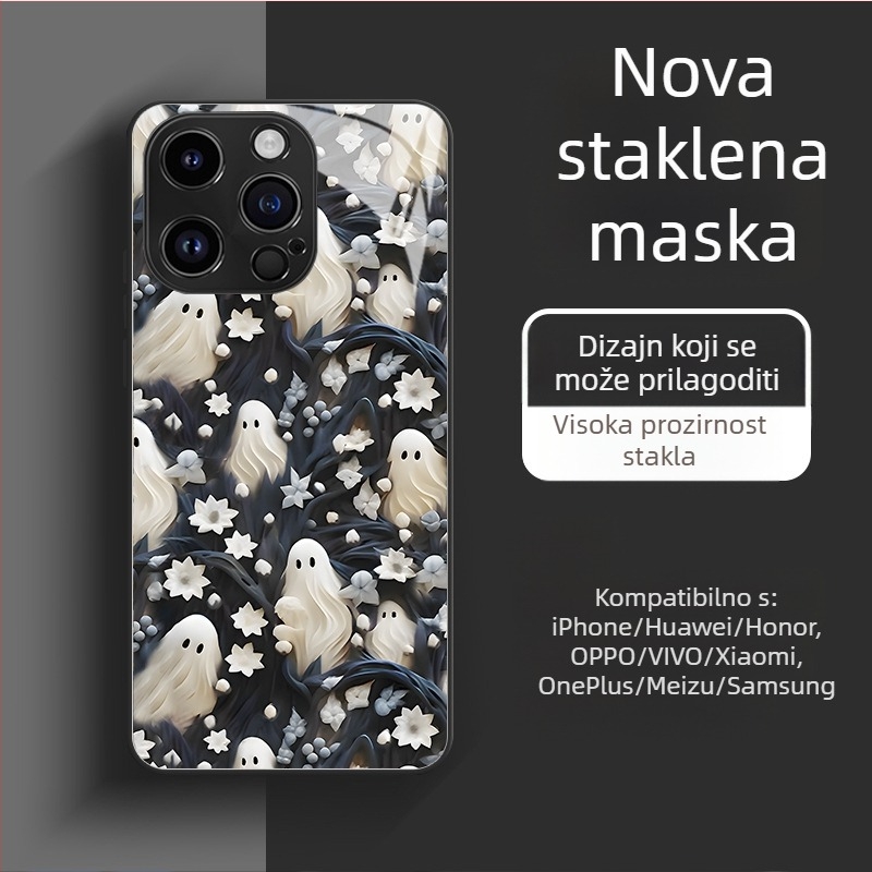 Staklena torbica s lubanjom za iPhone 17/16/15 Pro Max iPhone 14 – Halloween dizajn, precizni otvori