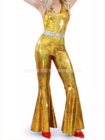 Milk Silk ženska haljina za Halloween hippie disco s pozlaćivanjem — kostim za pozornicu, srednja duljina, okrugli ovratnik, dugi zvonasti rukavi