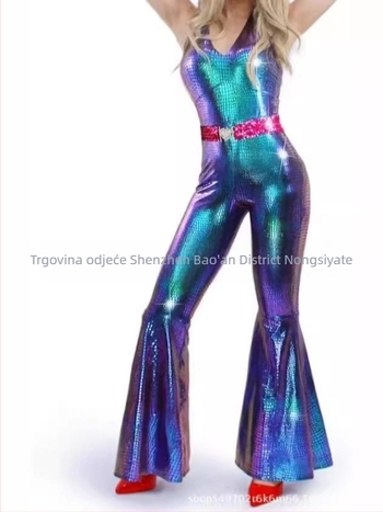 Milk Silk ženska haljina za Halloween hippie disco s pozlaćivanjem — kostim za pozornicu, srednja duljina, okrugli ovratnik, dugi zvonasti rukavi