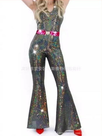 Milk Silk ženska haljina za Halloween hippie disco s pozlaćivanjem — kostim za pozornicu, srednja duljina, okrugli ovratnik, dugi zvonasti rukavi