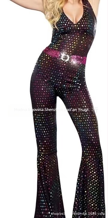 Milk Silk ženska haljina za Halloween hippie disco s pozlaćivanjem — kostim za pozornicu, srednja duljina, okrugli ovratnik, dugi zvonasti rukavi