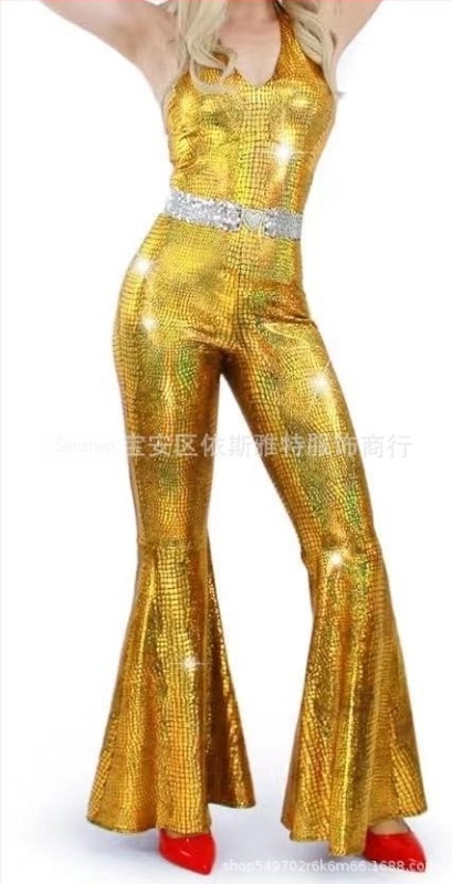 Milk Silk ženska haljina za Halloween hippie disco s pozlaćivanjem — kostim za pozornicu, srednja duljina, okrugli ovratnik, dugi zvonasti rukavi