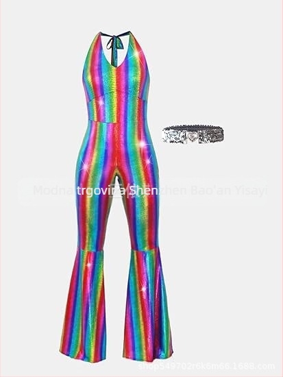 Milk Silk ženska haljina za Halloween hippie disco s pozlaćivanjem — kostim za pozornicu, srednja duljina, okrugli ovratnik, dugi zvonasti rukavi