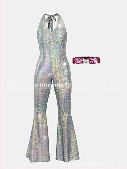 Milk Silk ženska haljina za Halloween hippie disco s pozlaćivanjem — kostim za pozornicu, srednja duljina, okrugli ovratnik, dugi zvonasti rukavi