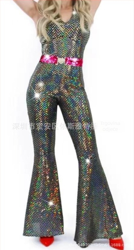 Milk Silk ženska haljina za Halloween hippie disco s pozlaćivanjem — kostim za pozornicu, srednja duljina, okrugli ovratnik, dugi zvonasti rukavi