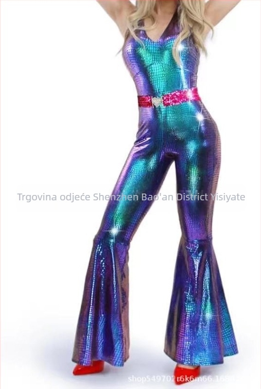 Milk Silk ženska haljina za Halloween hippie disco s pozlaćivanjem — kostim za pozornicu, srednja duljina, okrugli ovratnik, dugi zvonasti rukavi