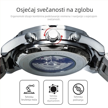 Muški kvarcni sat s prozirnim stražnjim poklopcem, svjetleći brojčanik, kalendar, vodootpornost 30M