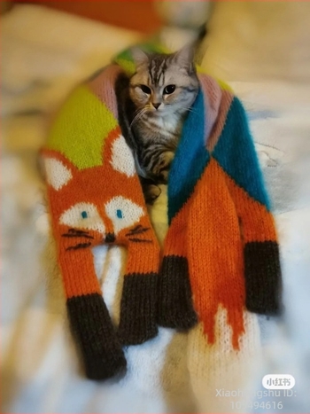 Ručni izradeni dječji šal s motivom lisice, topao za zimu, poliester tkanina (>96% poliester).