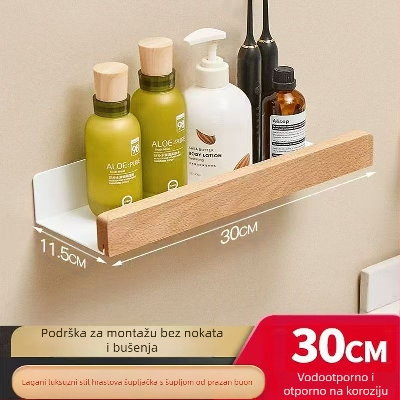Drveni regal za pohranu – orahovo drvo, širi dizajn, zidni bez bušenja, za kupaonu s umivaonikom, 1 razina, nosivost 15 kg, model 1016, završna obrada uljnim voskom na drvu