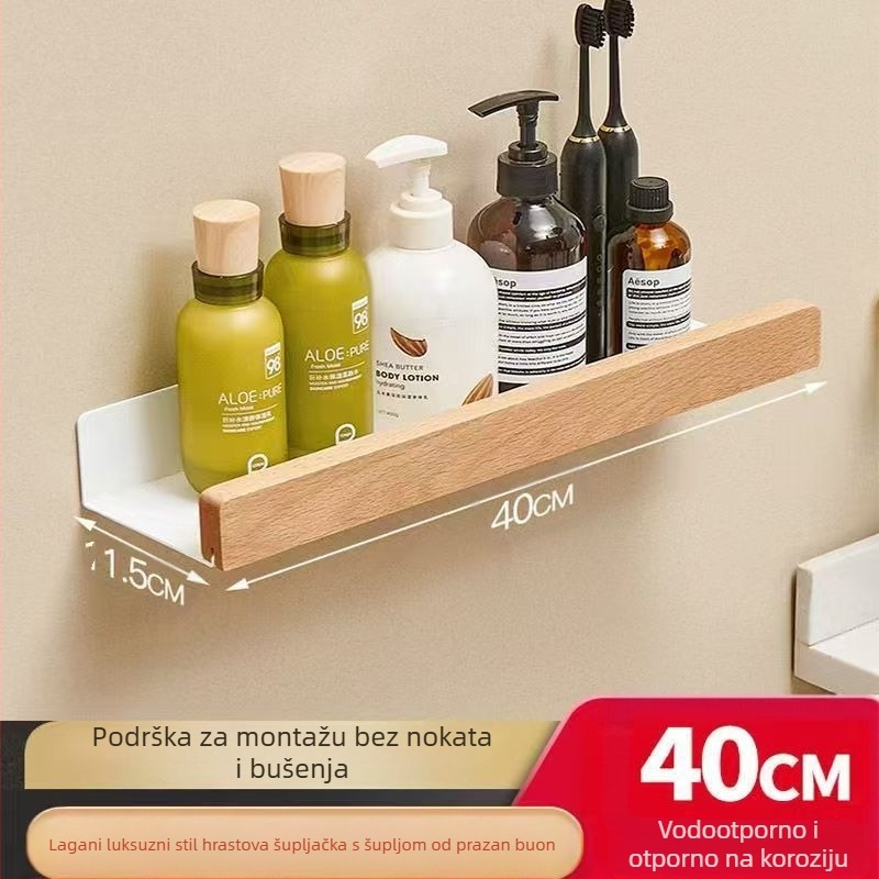 Drveni regal za pohranu – orahovo drvo, širi dizajn, zidni bez bušenja, za kupaonu s umivaonikom, 1 razina, nosivost 15 kg, model 1016, završna obrada uljnim voskom na drvu