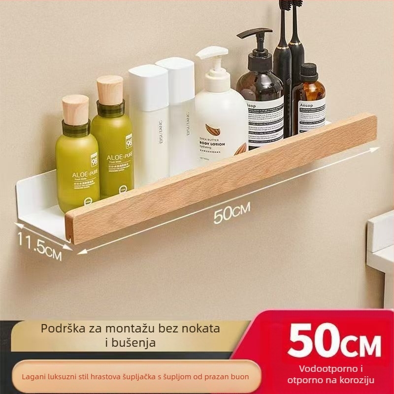 Drveni regal za pohranu – orahovo drvo, širi dizajn, zidni bez bušenja, za kupaonu s umivaonikom, 1 razina, nosivost 15 kg, model 1016, završna obrada uljnim voskom na drvu