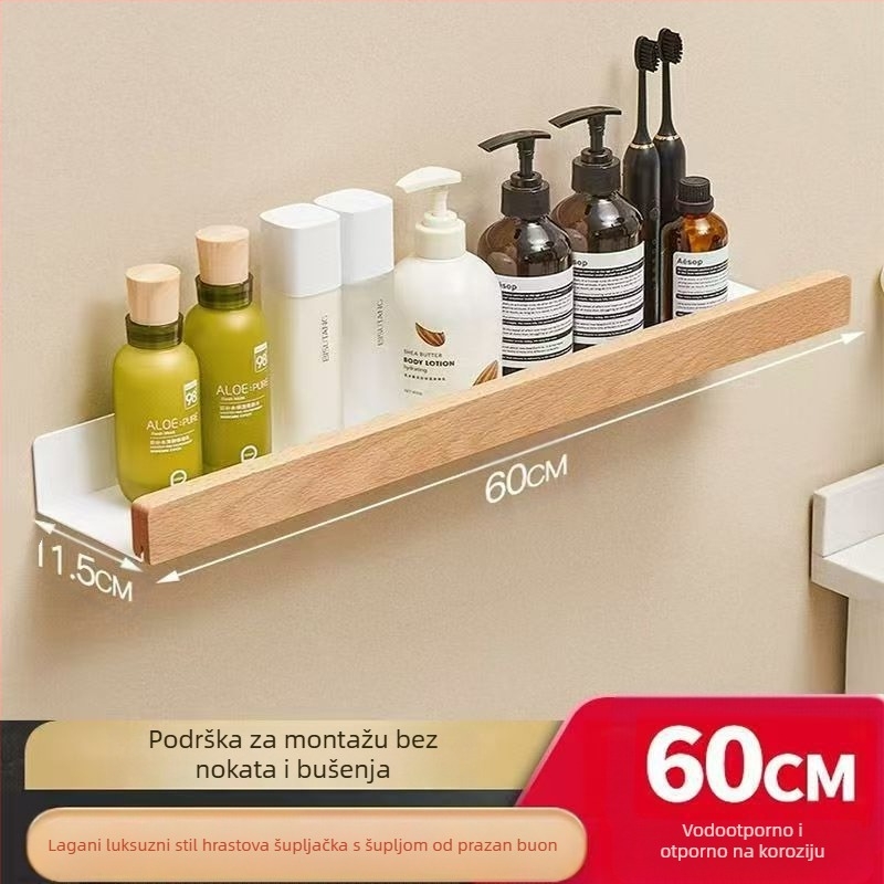 Drveni regal za pohranu – orahovo drvo, širi dizajn, zidni bez bušenja, za kupaonu s umivaonikom, 1 razina, nosivost 15 kg, model 1016, završna obrada uljnim voskom na drvu