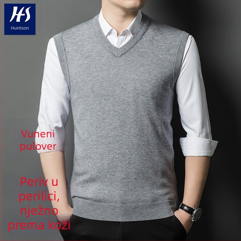 Muški vuneni prsluk s V-izrezom, bez rukava, debela vuna, 30–35% krzno zeca, rebrasti rub, jesen-zima 2024