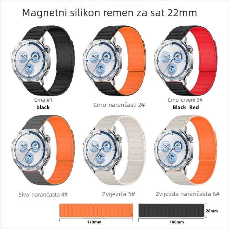 Silikonski magnetski kaiš za sat, 22 mm, kod C07; kompatibilan s Huawei GT3/GT4/GT5 i Samsung Watch