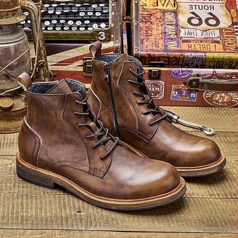 Kožne čizme s debelim đonom, srednje visoke, korejskog stila, gornji dio od mikrovlaknaste kože, gumeni đon, muškarcima