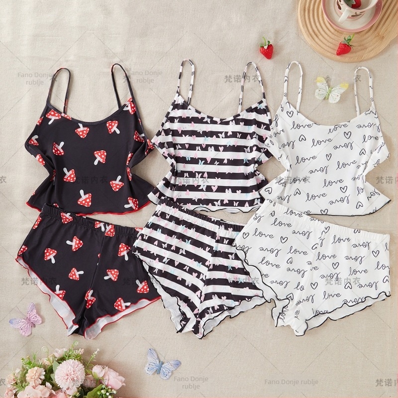 Ženski set za spavanje s naramenicama - 90-95% poliester, prozračan, bezšivan, udoban, sladak i simpatičan stil