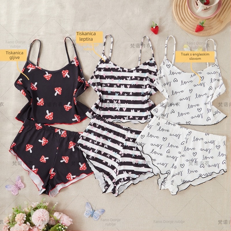 Ženski set za spavanje s naramenicama - 90-95% poliester, prozračan, bezšivan, udoban, sladak i simpatičan stil