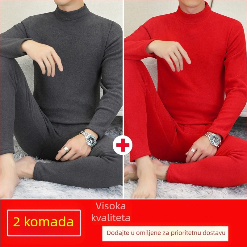 Muški termalni komplet s flisom i baršunastom unutarnješću, polu-visoki ovratnik, dugi rukavi i hlače, jednobojan, srednja težina 181–200 g/m²